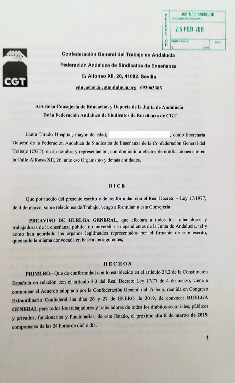CGT Enseñanza Andalucía registra convocatoria de huelga para el 8 de marzo en toda la Enseñanza Pública No Universitaria