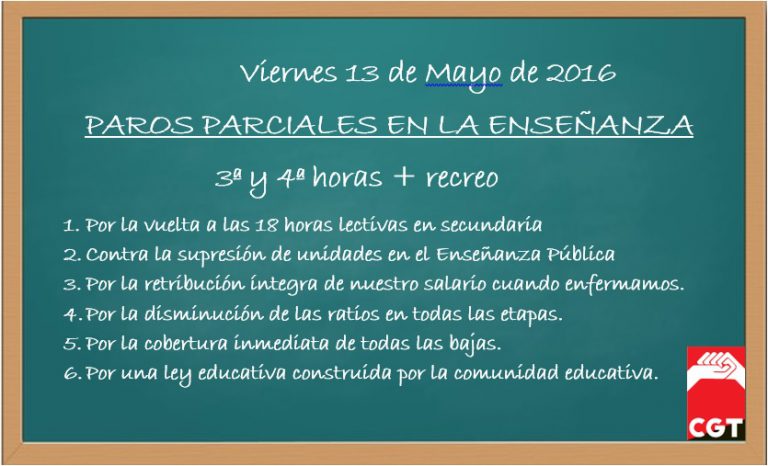La Federación de Enseñanza de CGT de Andalucía convoca paro de 2 horas para el viernes 13 de mayo en toda la educación andaluza.