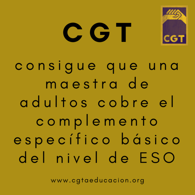 CGT consigue que una maestra de adultos cobre el complemento específico básico del nivel de ESO