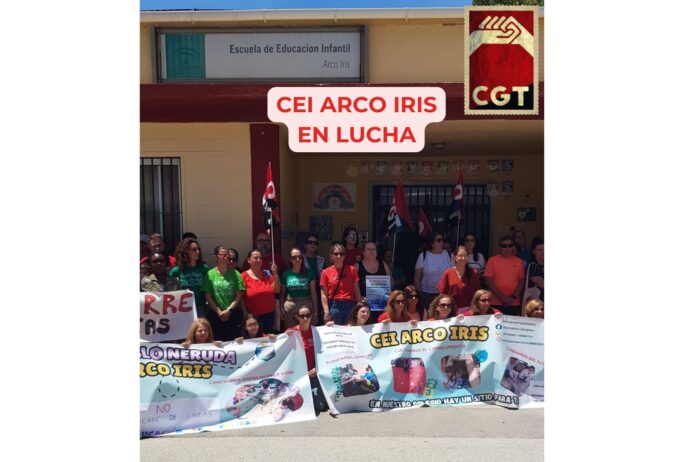 CEI ARCO IRIS Delegados de FASE-CGT y familias concentrados a las puertas de la EEI Arco Iris en Cártama Estación (Málaga) para exigir la apertura de la segunda línea y frenar el desmantelamiento de la educación infantil pública.