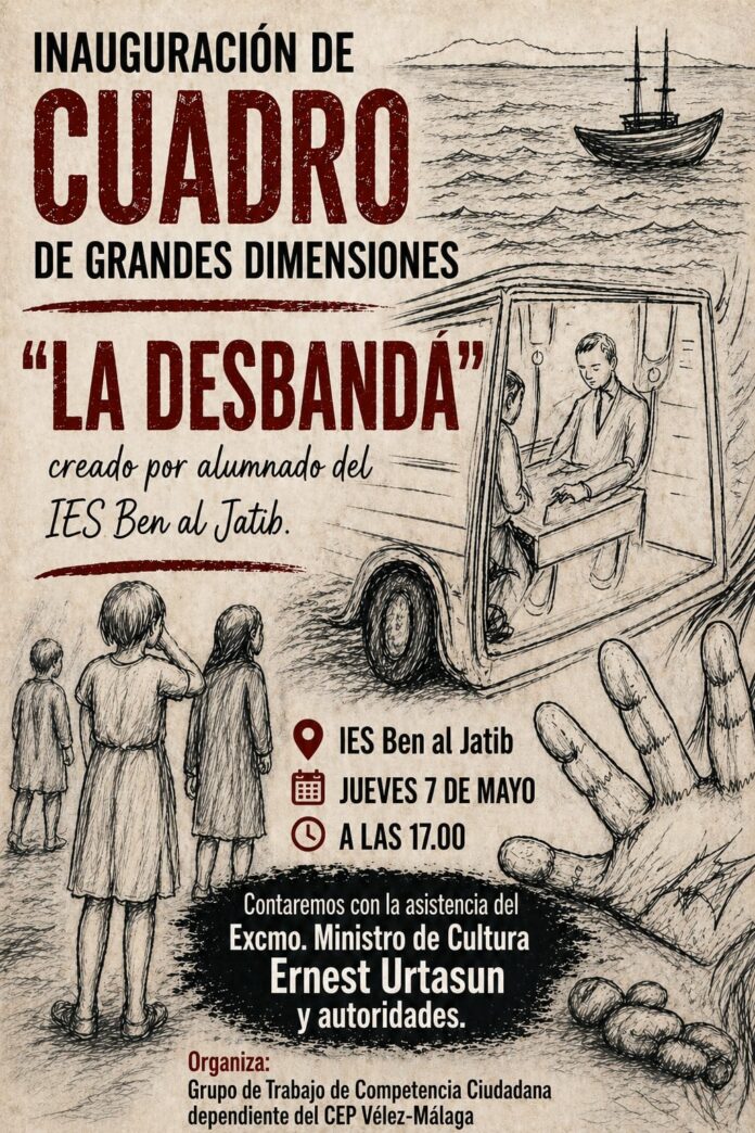 Alumnado de 4º ESO del IES Ben Al Jatib trabajando en el mural colectivo sobre la Desbandá.