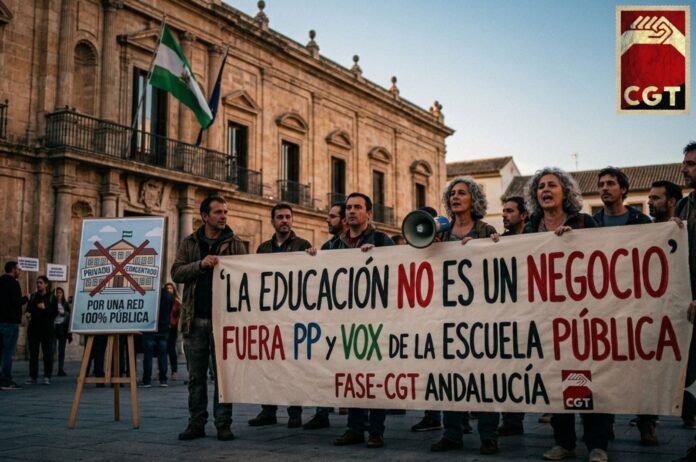 Resumen y denuncia de FASE-CGT sobre el acuerdo de PP y Vox en Andalucía: un hachazo a la educación pública que fomenta la privatización, el pin parental y el negocio escolar.