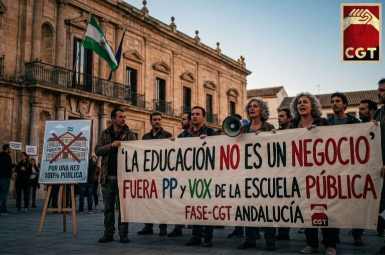 Resumen y denuncia de FASE-CGT sobre el acuerdo de PP y Vox en Andalucía: un hachazo a la educación pública que fomenta la privatización, el pin parental y el negocio escolar.